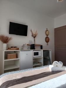a bedroom with a bed with a tv on the wall at Maison du Bonheur, Chambre Boho in Le Pin