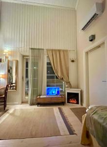 a bedroom with a fireplace and a bed and a television at Villa Tilda in Mathildedal