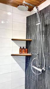 a shower with three bottles on a shelf in a bathroom at Villa Krystle - Riverside Retreat in Pori