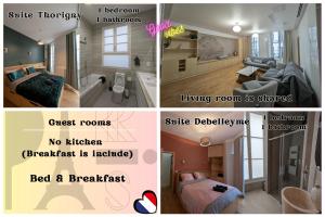 a collage of four pictures of a room at Ômarais Guest House in Paris