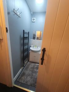 ein Bad mit einem Waschbecken, einem WC und einer Tür in der Unterkunft A home in the city in London