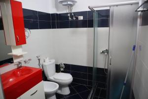 a bathroom with a toilet and a glass shower at Apartment Rita Berat in Berat +12 photos