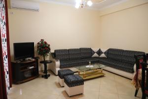 a living room with a couch and a tv at Apartment Rita Berat in Berat