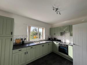 a kitchen with green cabinets and a window at Christinas Cottage Downpatrick in Raholp