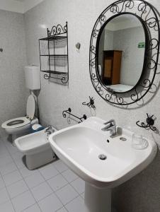 a bathroom with a sink and a toilet and a mirror at Stanza Da Carol Go2025 in Gorizia