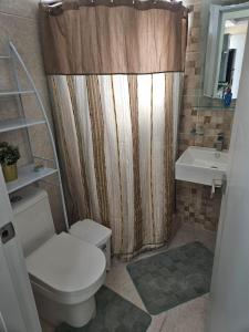 a bathroom with a toilet and a shower curtain at Luxury Studio in San Isidro