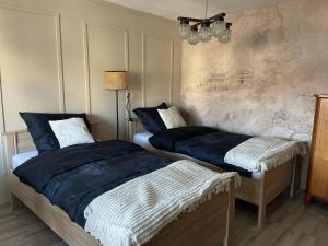 a bedroom with two beds and a chandelier at Stylisches City Apartment mit Balkon und Garage in Leipzig