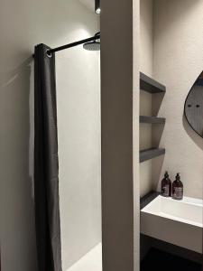 a bathroom with a shower and a white sink at Zalig HASPENGOUW in Sint-Truiden