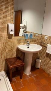 a bathroom with a sink and a mirror and a toilet at La Bodega Enoturismo Rural in Mogente