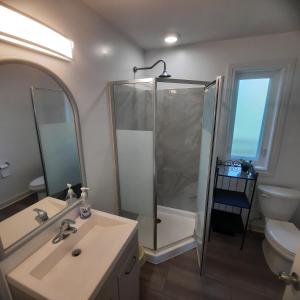 a bathroom with a shower and a sink and a toilet at Cottage by the beach in Wasaga Beach