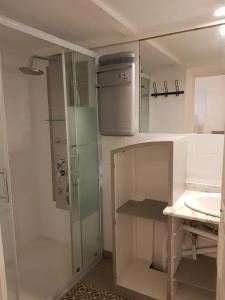 een badkamer met een glazen douche en een wastafel bij Studio moderne à Montagnac-Montpezat - 32 m² tranquille in Montagnac