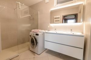 a bathroom with a washing machine and a sink at A l'Etang du Trieu in Pecq