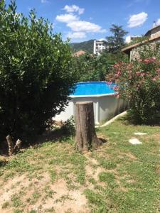 a tree stump in front of a swimming pool at Appartement Sophie à Vals les bains in Vals-les-Bains