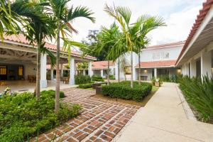 a courtyard with palm trees and a sidewalk at Sagrados Corações - Pousada in Pindamonhangaba