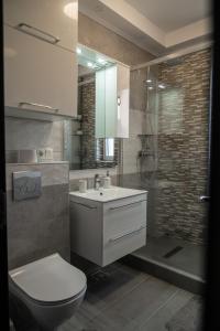 a bathroom with a toilet and a sink and a shower at NexuS Apartments in Sibiu