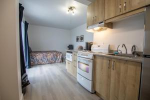 a kitchen with a sink and a stove top oven at Appartements-Hôtel les Mouettes in Sept-Îles