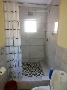 a bathroom with a shower with a toilet and a sink at TRAVELASPA Guest House in Roodepoort +17 photos