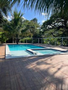 a swimming pool in a yard with palm trees at Hotel Colonial in Cajati