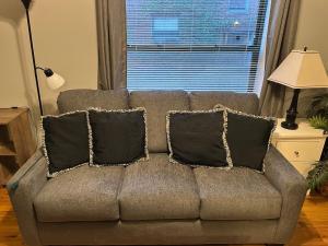 a couch with four pillows in a living room at Entire Apt in Heart of Chicago in Chicago