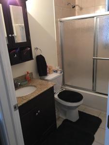 a bathroom with a shower and a toilet and a sink at Entire Apt in Heart of Chicago in Chicago