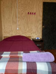 a bed with a purple blanket on top of it at Ecosenderos in Puerto Cisnes