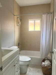 a bathroom with a toilet and a tub and a sink at Homestead Green retreat in Homestead +13 photos