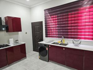 a kitchen with a sink and a washing machine at Cozy 3 bedroom house in Frafraha in Oshiyie