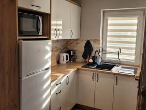 una cucina con frigorifero bianco e forno a microonde di Domki Magiczne Miejsce a Hużele