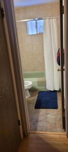 a bathroom with a toilet and a blue rug at Greer Point Trails End Cabins in Greer