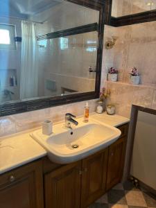 a bathroom with a sink and a large mirror at Country Escape in Volos
