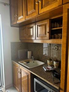 a kitchen with a sink and wooden cabinets at Country Escape in Volos