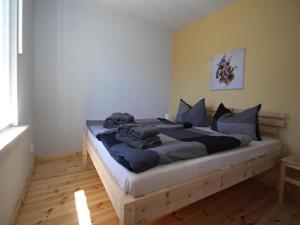 a bedroom with a large bed with blue pillows at Ferienhaus am Vilzsee, Mirow in Diemitz