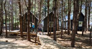 two people standing in front of a cabin in the woods at Black Forest Cabins in Mahone Bay