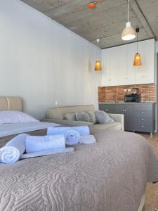 a large bedroom with two beds and a kitchen at New Gudauri Twins in Gudauri