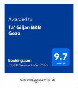 Sijil, anugerah, tanda atau dokumen lain yang dipamerkan di Ta’ Giljan B&B Gozo