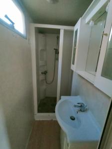 a bathroom with a sink and a shower at Masseria Monticchio in San Crispieri +9 photos
