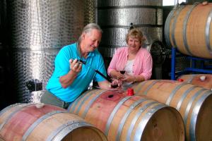 two people standing in a wine cellar looking at their cell phones at Fergies Hill Spa Cottage @ Granite Ridge Wines in Ballandean +7 photos