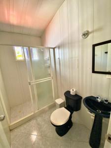 a bathroom with a shower and a toilet and a sink at Chalet con piscina y carro incluído in San Andrés
