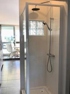 prysznic ze szklanymi drzwiami w łazience w obiekcie Résidence Port Nature Colline 4 - Appartement T2 4 pers. - Port Nature Colline 4 MAE-2774 w Cap d'Agde