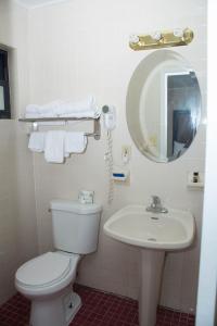 a bathroom with a toilet and a sink and a mirror at Atlantic Inn and Suites - Wall Township in Wall Township