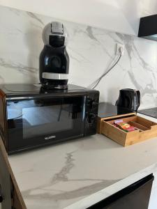 a black microwave sitting on a counter with a wooden box at Le Presbytère secret - Centre & Gare à pied pas de climatisation in Beauvais