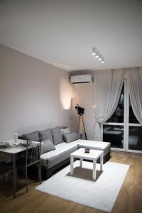 贝尔格莱德Sorelle的客厅里有一张沙发和一张桌子。