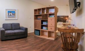 a living room with a couch and a book shelf at BABhouse Garagem do Adro - Coração do Douro in Nagoselo do Douro