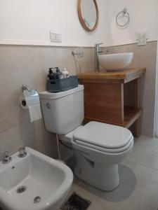 a bathroom with a white toilet and a sink at Domus B1 in Posadas