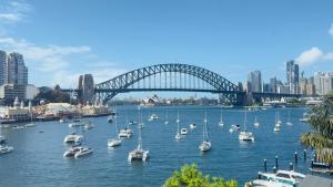 a bunch of boats in the water in front of a bridge at King Bed Harbour View - Captain's Retreat in Sydney