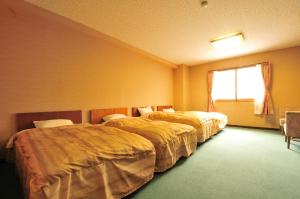 ein Hotelzimmer mit zwei Betten und einem Fenster in der Unterkunft Hotel Araragi in Yamanouchi