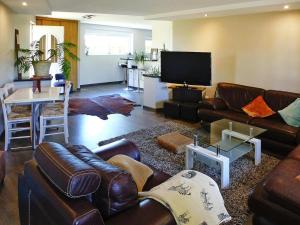 ein Wohnzimmer mit Ledercouch und Fernseher in der Unterkunft holiday home, Le Porge in Le Porge