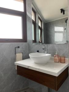 a bathroom with a white sink and a mirror at Pingel Home Vista Mar in Valparaíso +19 photos