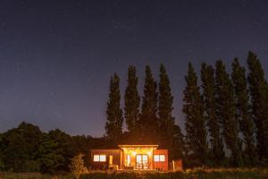 a small house lit up at night in front of trees at Rangataua Kowhai Tiny Home in Rangataua
