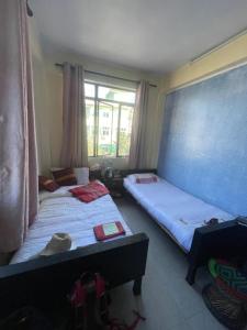 加德满都backpacker hostel的有两张床和一扇窗户的卧室